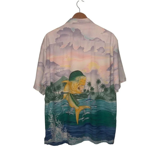 Vintage GUY HARVEY Sz L Men's Blue Button Up Short Sleeve Fish Clouds Shirt - Picture 4 of 5